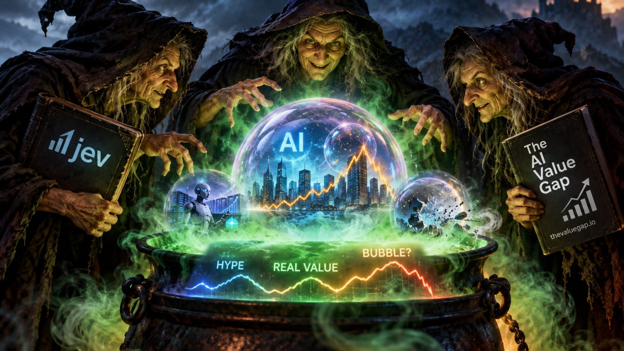 Three witches over a cauldron of AI bubbles, holding books labelled Jev and The AI Value Gap