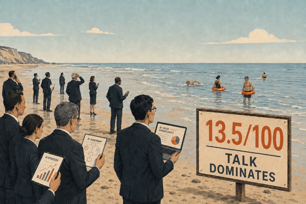 Suited executives on a beach clutching AI strategy decks while a few people actually swim; a sign reads 13.5/100 - Talk dominates
